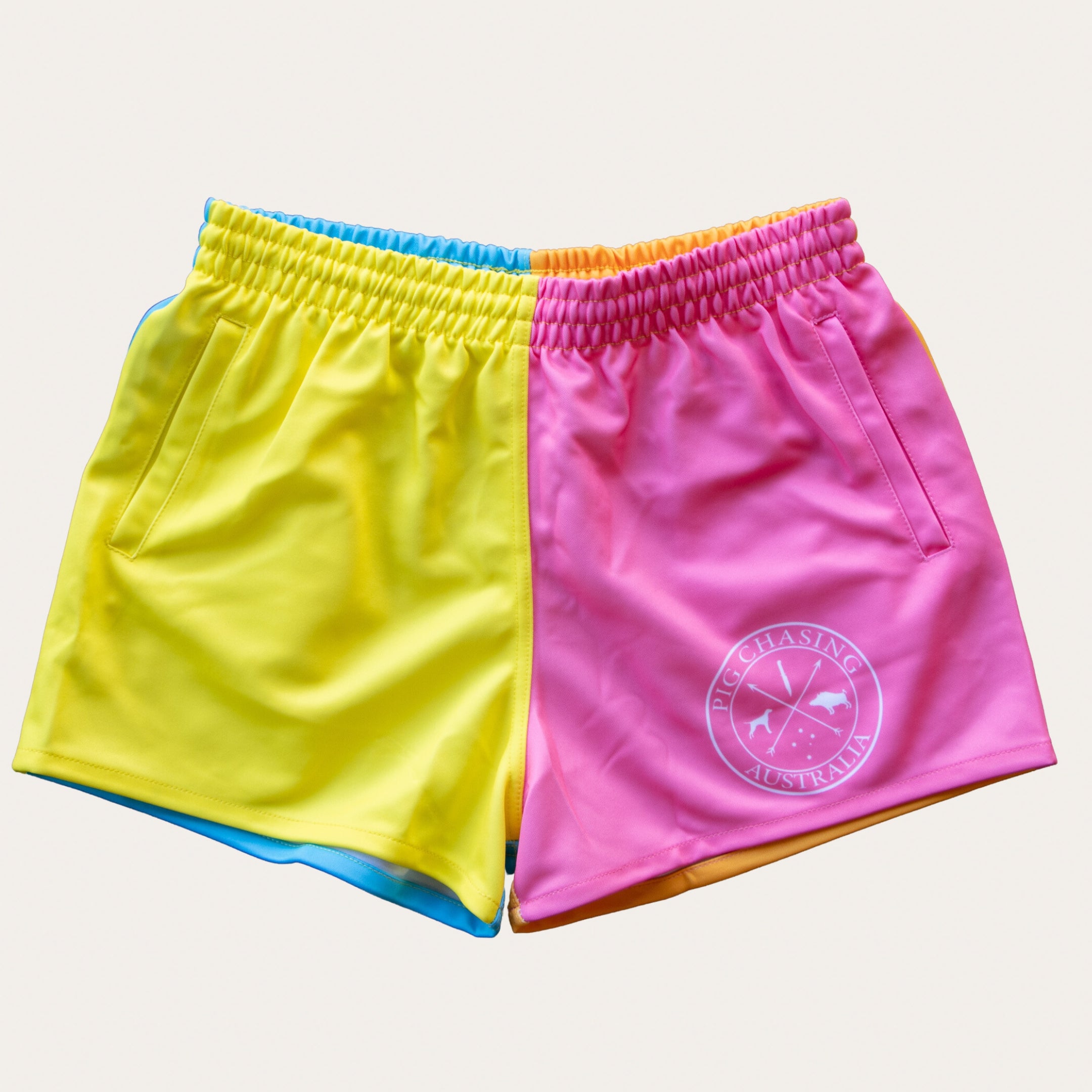 Kids Footy Shorts - Pink & Yellow – Aus Wild Clothing Co