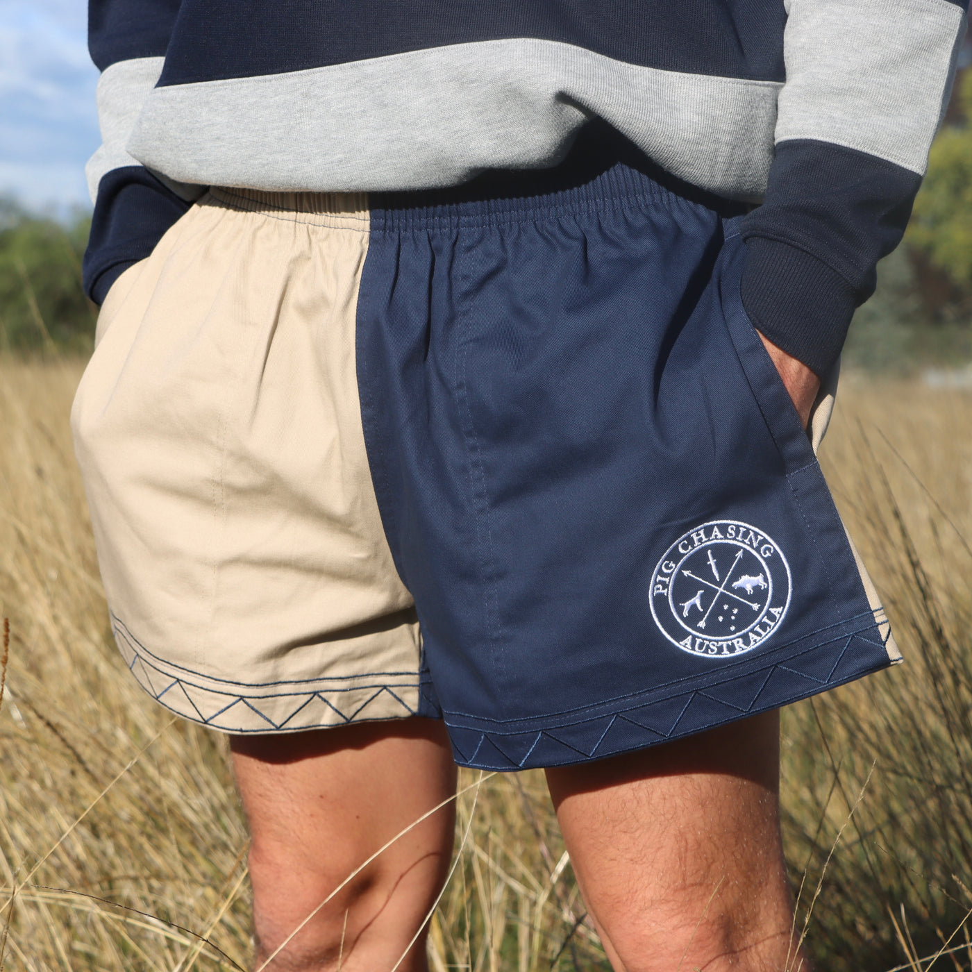 Cotton Drill Rugger Shorts - Tan/Navy