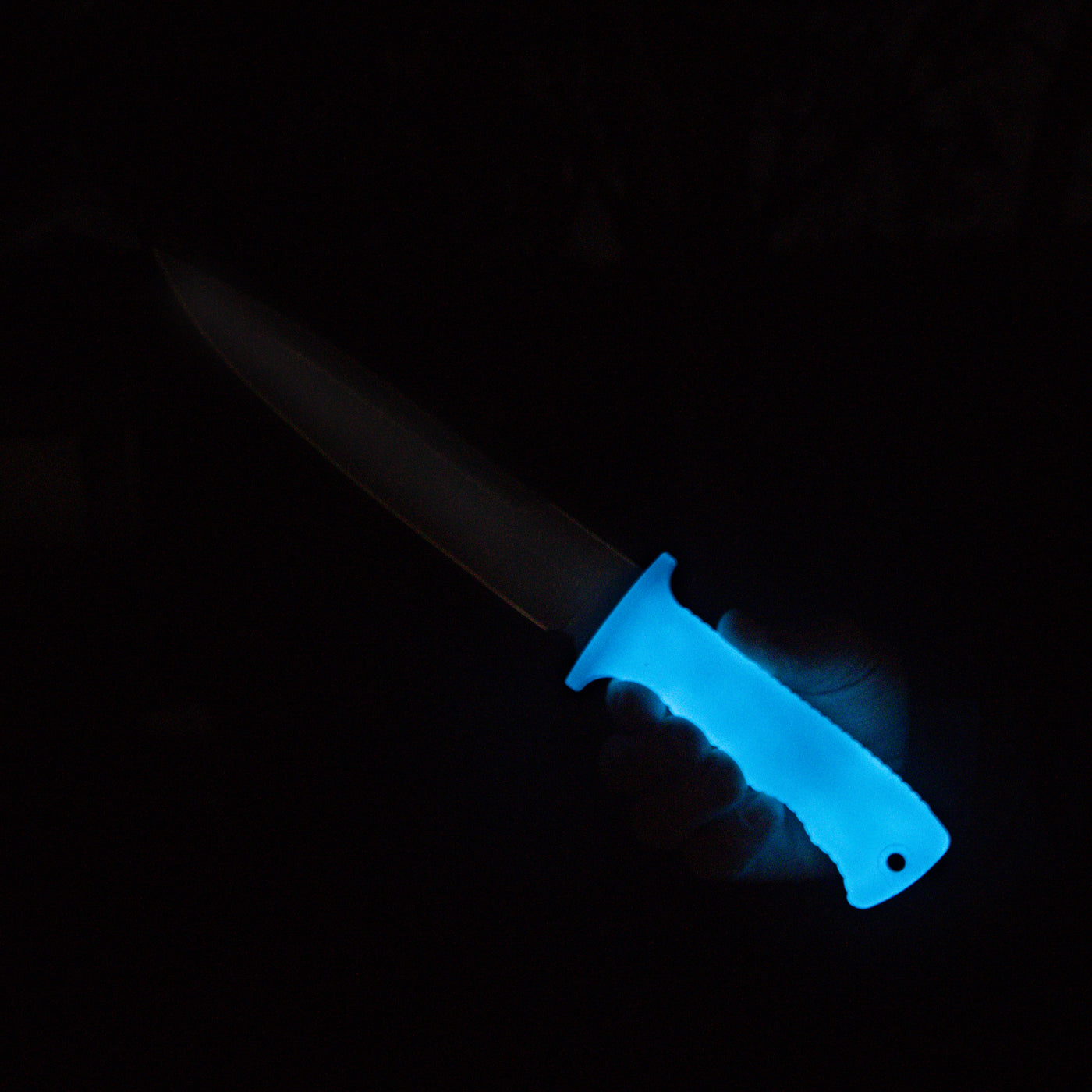 Blue Glow Handle Tassie Tiger Pig Sticker Knife & Leather Sheath