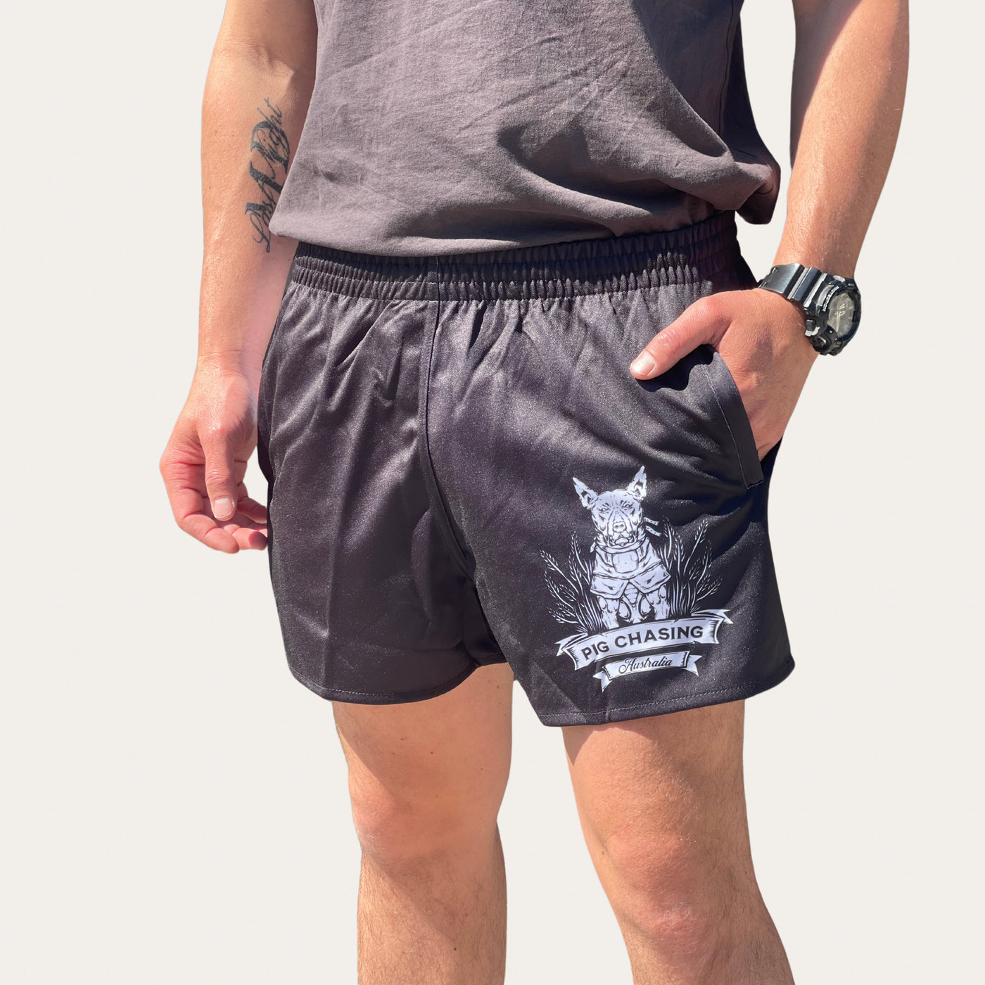 Crop Dog Footy Shorts - Black/White - Zip Pockets