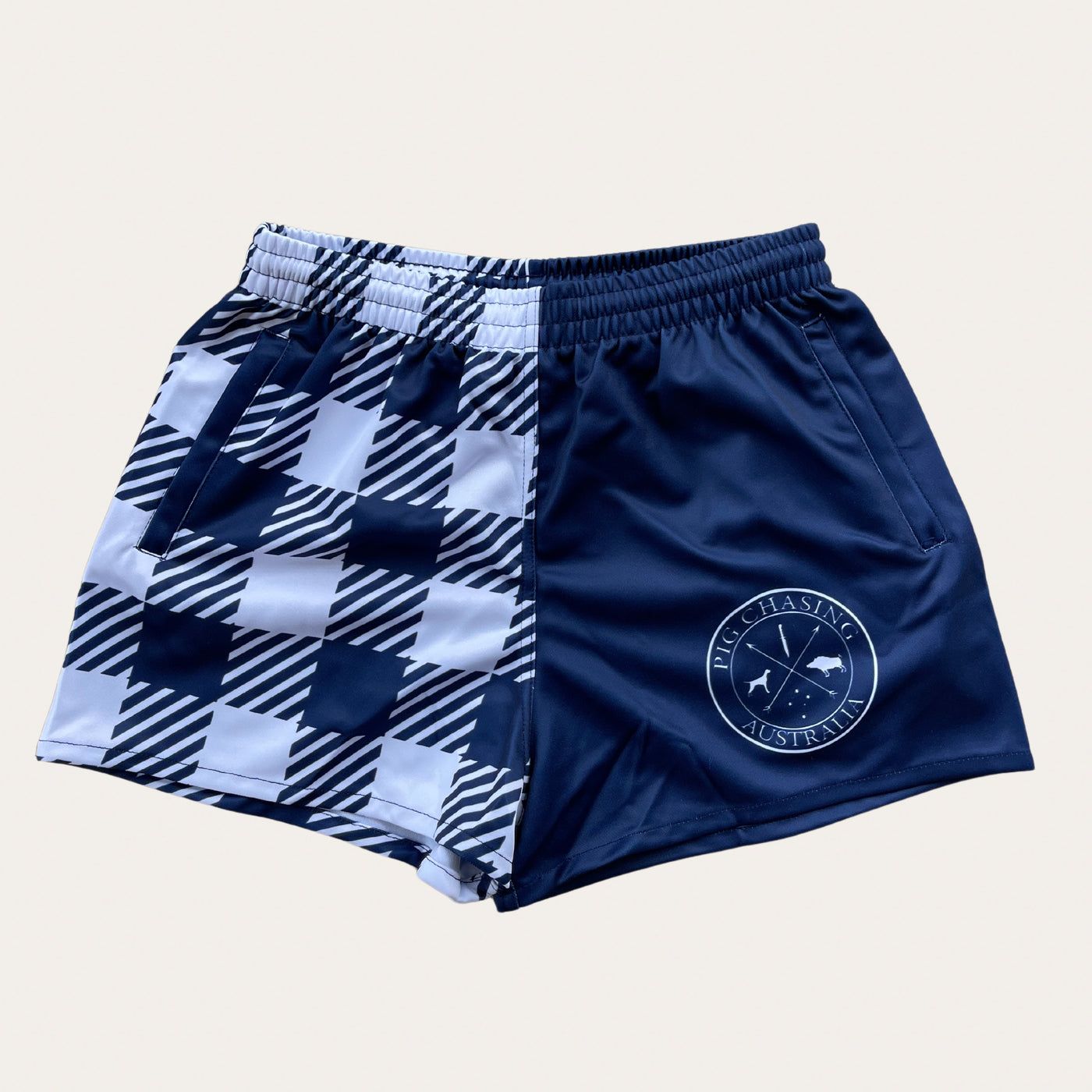 Gingham Footy Shorts - Navy - Zip Pockets