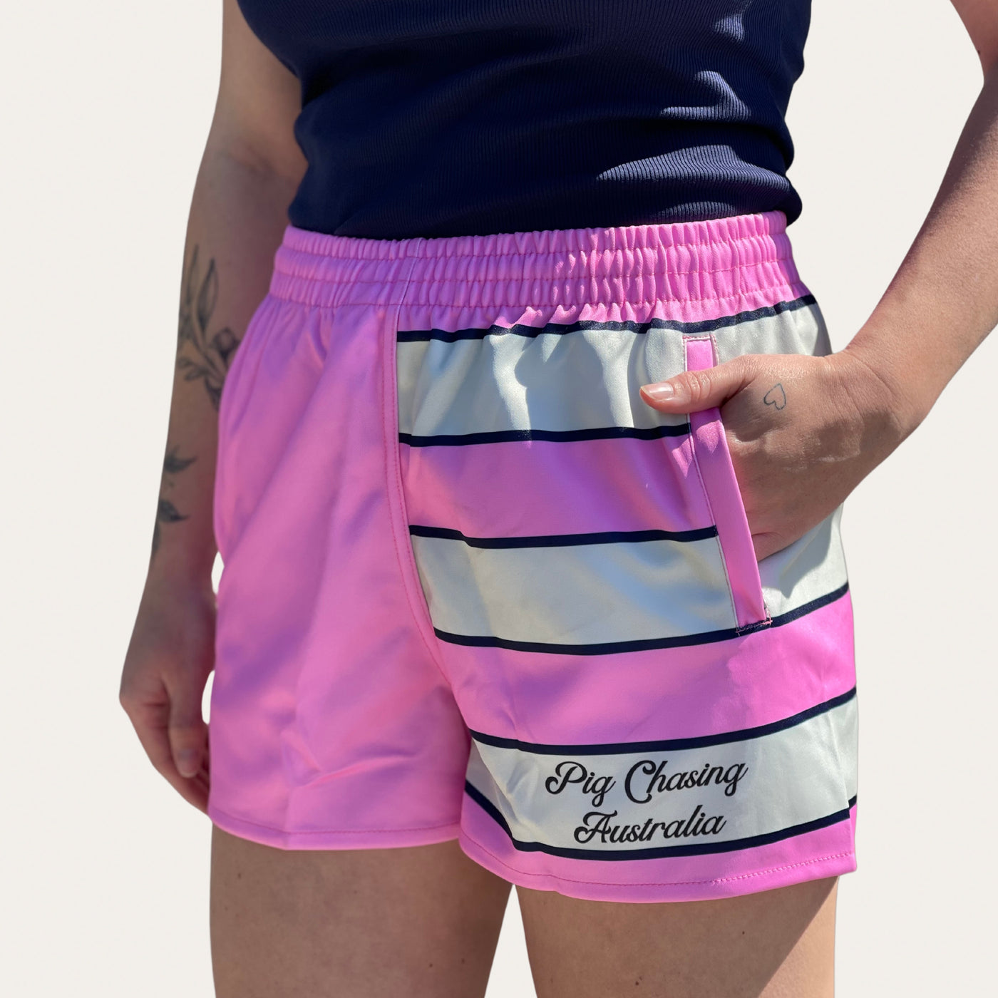 Multi-stripe Footy Shorts - Pink/Bone - Zip Pockets