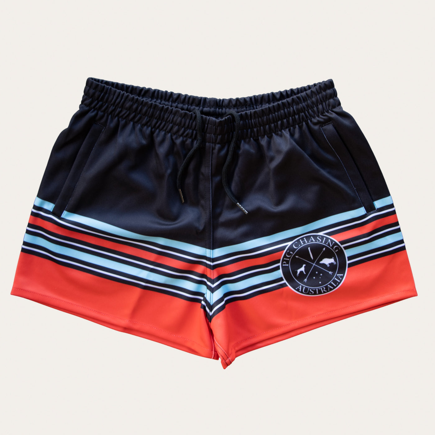 Red/Blue Horizon Footy Shorts - ZIP Pockets!