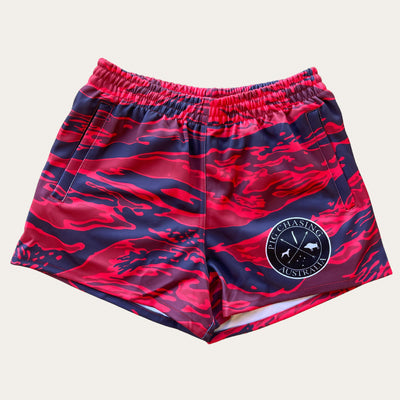 Tiger Stripe Footy Shorts - Red - Zip Pockets