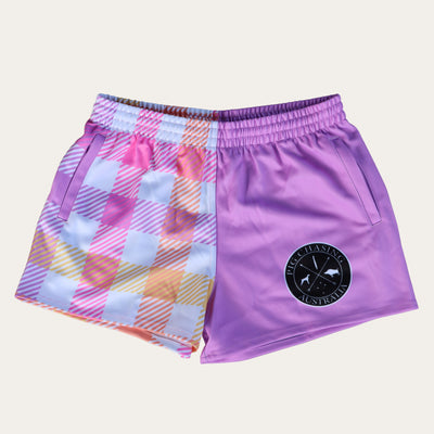 Gingham Footy Shorts - Lavender - Zip Pockets